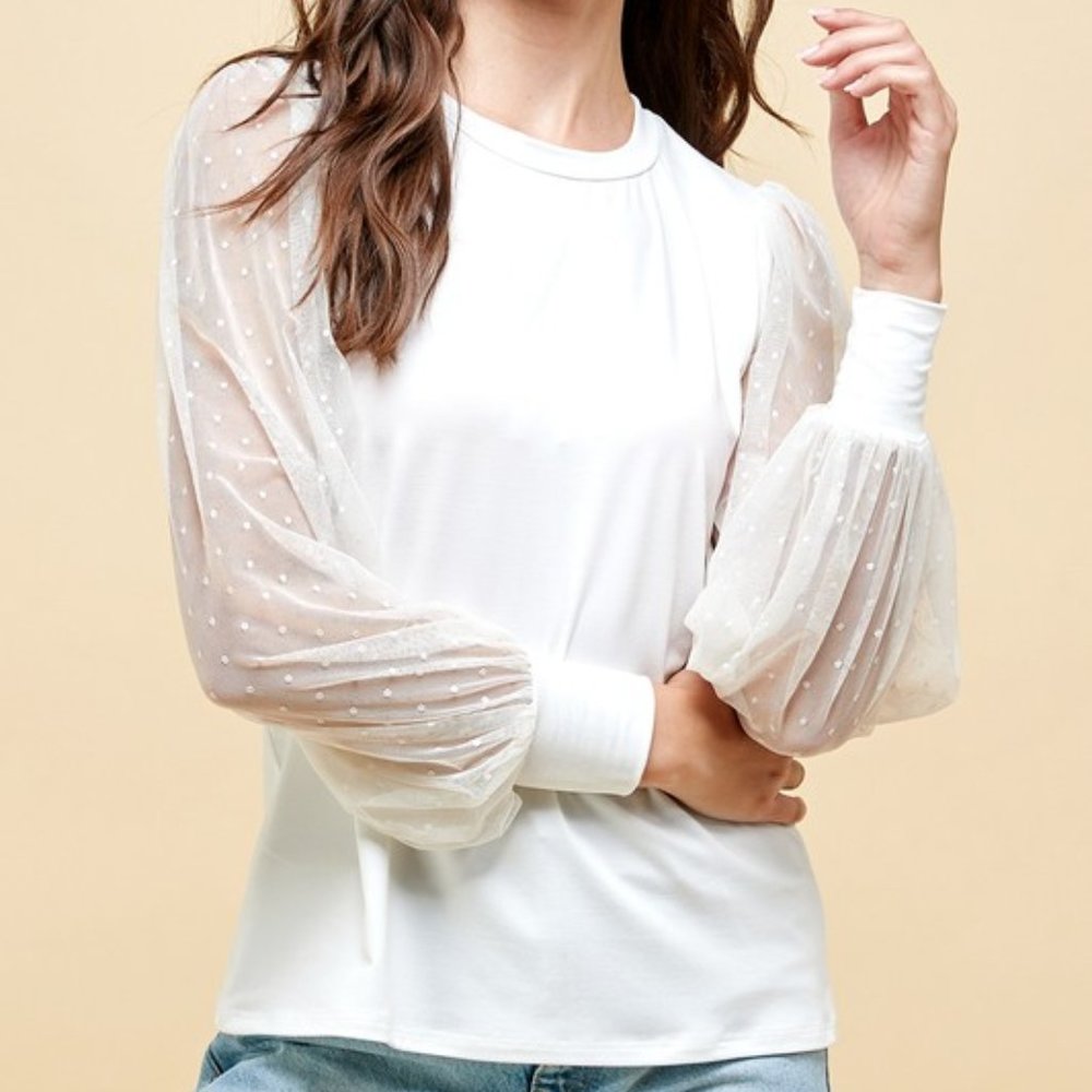 White Long Mesh Polka Dot Sleeve Top